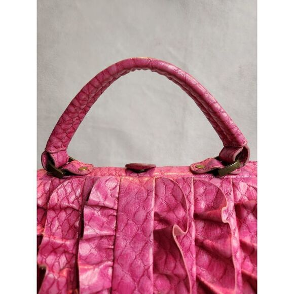Jessica Simpson Hot Pink Vegan Leather Croc Embossed Ruffled Doctor Bag Purse - Picture 3 of 12